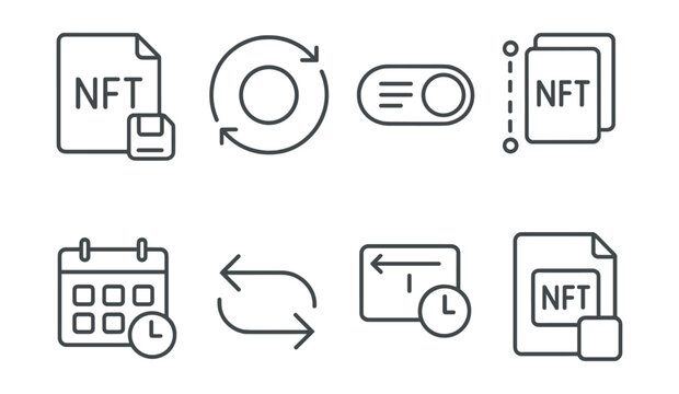 Line style icons of NFT crafting: NFT draft save icon, version control badge, metadata autosave toggle, preview history timeline, last edit timestamp, undo/redo arrows, restore previous version,