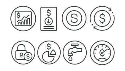 Line style icons of remote Web3 work (circular): earnings dashboard ring, circular payout record, stablecoin salary badge, real-time payment ring, bonus unlock circle, staking income tracker, payment