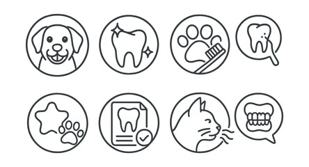 Line style icons of veterinary care (circular): pet dental care badge, teeth cleaning icon, toothbrush and paw, tartar removal symbol, dental treat circle, oral health chart, cat breath checker, jaw