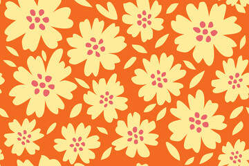 Fototapeta premium Bright floral seamless pattern with yellow flowers on orange background for textile design.
