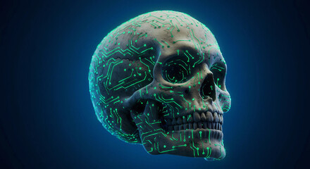 A skull with glowing circuits, symbolizing the fusion of technology and human engineering, Generative AI.