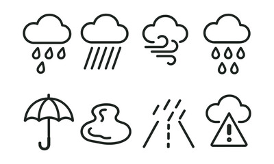 Line style icons of rainy weather: light rain, heavy rain, rain with wind, drops from cloud, umbrella icon, puddle, wet road, rain alert.