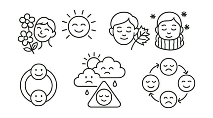 Line style icons of seasonal emotions: spring optimism, summer joy, autumn nostalgia, winter coziness, seasonal mood ring, emotional weather icon, nature and feeling badge, cycle of feelings chart.