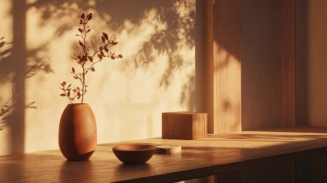 Warm sunlight streams through a tranquil, minimalist scene