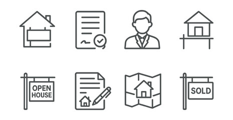 Line style icons of rental and real estate: house for rent, lease document, real estate agent icon, home listing board, open house sign, rental contract, property map, sold sign.