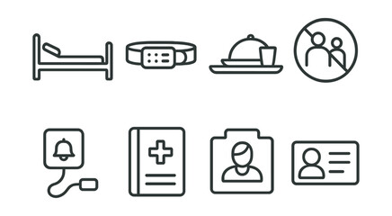 Line style icons of patient care: hospital bed, patient wristband, food tray icon, bedside monitor, visitor policy sign, call nurse button, care plan file, patient ID card.