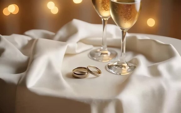 Wedding rings beside champagne glasses on soft cloth. Sparkling champagne flutes and wedding bands rest on elegant white fabric. Romantic wedding rings beside champagne glasses concept for invitations