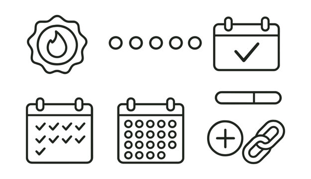 Line style icons of habit tracking: habit streak badge, daily habit dots, checkmark calendar, progress bar, weekly habit review, monthly overview, new habit icon, unbroken chain.