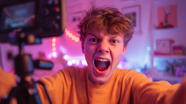 Teenage boy making a funny TikTok video, overacting with exaggerated facial expression, phone on tripod in front, bedroom background with LED lights, hyper-realistic portrait, cinematic lighting, 