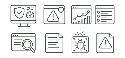 Line style icons of system monitoring: cybersecurity dashboard, real-time alert icon, traffic spike chart, log activity screen, monitoring magnifier, system log file, threat detector icon, incident