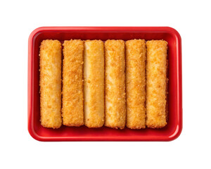 Crispy Breaded Fish Sticks in Red Tray Seafood Snack Appetizer Frozen Food