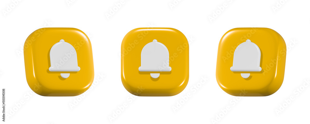 Poster 3d bell notification on yellow cube three points of view isolated on transparent background