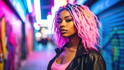 Fototapeta premium Neon Dreamer: A captivating woman, her gaze intense, stands amidst vibrant neon lights and urban street art, embodying a sense of cool confidence and modern style.