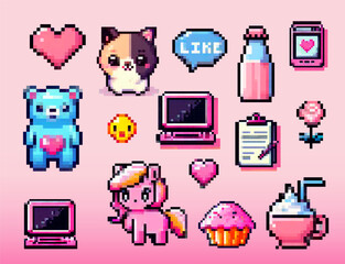 Cute pixel art vector illustration with pastel pink background, popular Y2K and kawaii style, featuring icons like hearts, animals, drinks, and retro computers, reflecting current pixel trend.