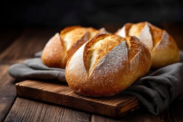 Artisan loaves of crusty bread sit atop a rustic wooden board with a draped cloth, inviting