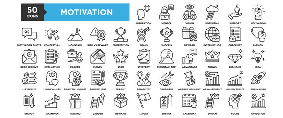50 Motivation icon set. Containing design success, business, concept, teamwork, inspiration
