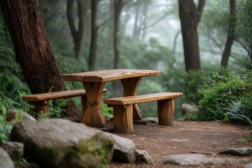 Naklejka premium Rustic wooden picnic table and benches in a misty forest provides a peaceful place for