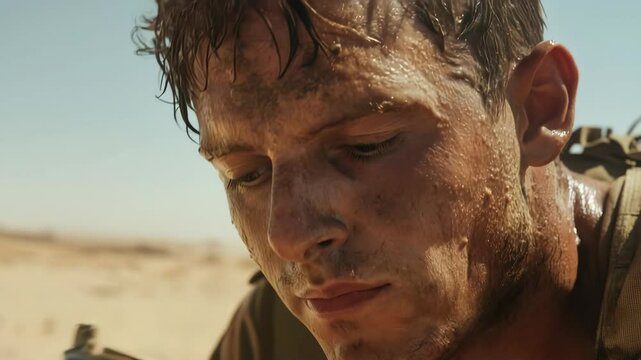 Determined soldier in desert quenches thirst under scorching sun