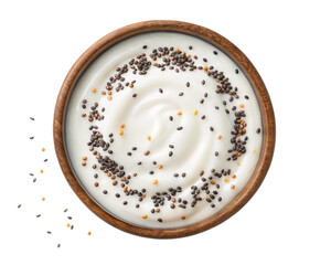 Obraz premium Creamy Yogurt with Chia Seeds and Flax Seeds in Wooden Bowl Healthy Breakfast Top View