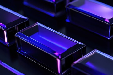 Symmetrically arranged crystal blocks display striking violet and dark blue illumination against dark background