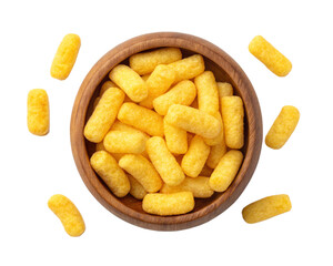 Delicious Cheese Puffs Snacks in Wooden Bowl Top View Crunchy and Golden Yellow