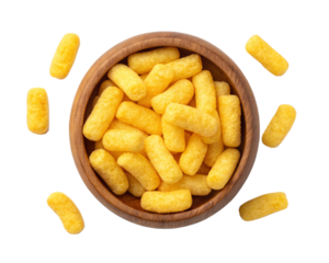 Delicious Cheese Puffs Snacks in Wooden Bowl Top View Crunchy and Golden Yellow