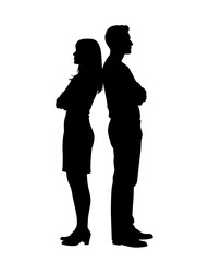 Silhouette of Man and Woman Standing Back to Back with Arms Crossed in Conflict or Disagreement Pose