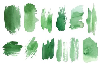 Various shades of green watercolor brush strokes create unique textured shapes on transparent background