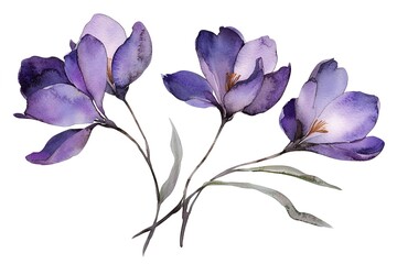 Watercolor purple crocus flowers bloom elegantly on stems with leaves, displayed over a transparent background