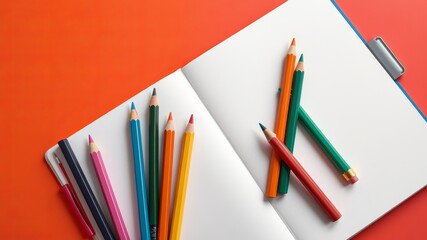 Fototapeta premium Colorful pencils and a blank notebook lie on a vibrant orange background ready for creative drawing and artistic expression.
