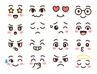 Cute face expression vector set with various cartoon emoji emotions, perfect for stickers, chats, comics, and character design