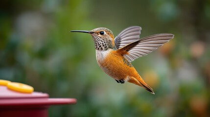 Fototapeta premium Small Hummingbird Hovering Near Flower Feeder
