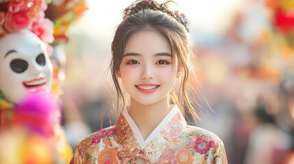 Fototapeta premium A smiling girl in traditional attire with a colorful backdrop.