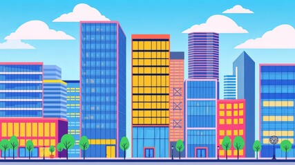 Obraz premium A vibrant cityscape illustration showcases a row of modern colorful skyscrapers under a bright sunny sky with fluffy white clouds and green trees.