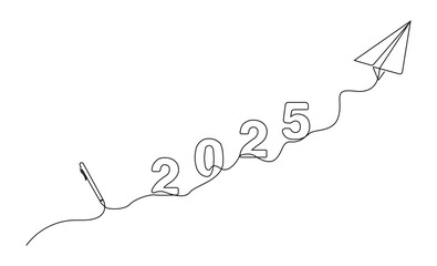 a minimalist continuous line depicting the year 2025 flowing from pen to paper plane. calendars, inspirational posters, to business strategy and personal planning materials.