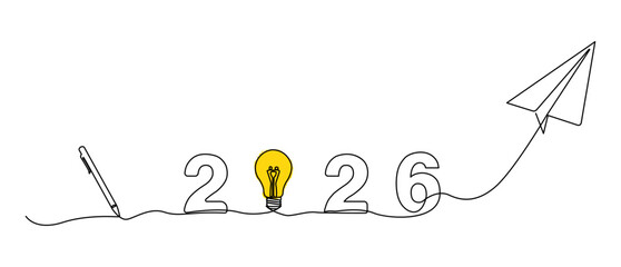 A one line illustration of the year 2026 combined with symbolic elements of a pen, a yellow light bulb idea, and a paper airplane. Future planning, and the spirit of the new year