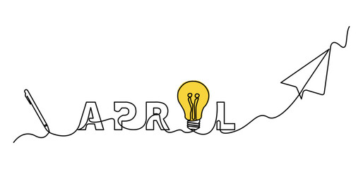 Minimalist single line illustration featuring the word April with creative symbols such as idea bulbs, digital pens, and paper airplanes, connected in one continuous line.