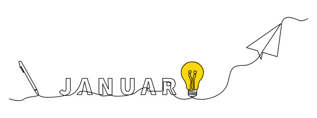 Minimalist single line illustration featuring the word JANUARY with creative symbols such as idea bulbs, digital pens, and paper airplanes, connected in one continuous line.