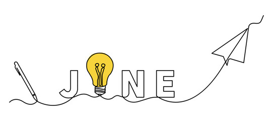 Minimalist single line illustration featuring the word June with creative symbols such as idea bulbs, digital pens, and paper airplanes, connected in one continuous line.