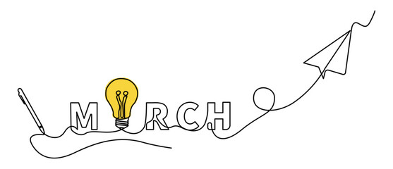 Minimalist single line illustration featuring the word March with creative symbols such as idea bulbs, digital pens, and paper airplanes, connected in one continuous line.