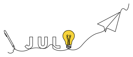 Minimalist single line illustration featuring the word July with creative symbols such as idea bulbs, digital pens, and paper airplanes, connected in one continuous line.