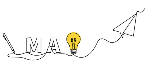 Minimalist single line illustration featuring the word May with creative symbols such as idea bulbs, digital pens, and paper airplanes, connected in one continuous line