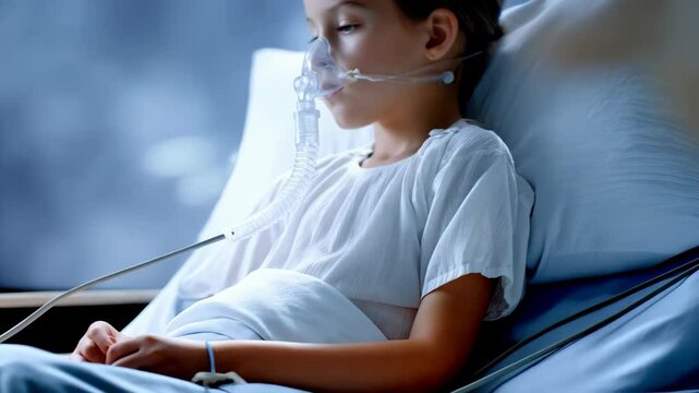 Young girl in hospital bed receiving oxygen through a nasal cannula breathing treatment for respiratory illness, resting with medical equipment