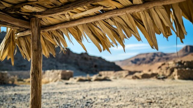 Rustic desert shelter with palm frond roofs and rocky landscape under clear blue sky
