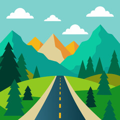 Highway at summer panoramic landscape with mountain vector illustration