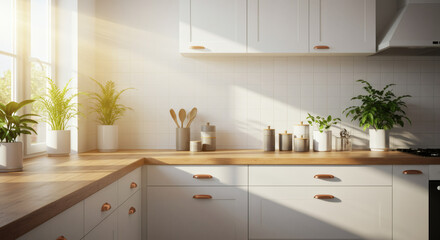 Bright and Airy Kitchen Design with Wooden Countertops and Copper Accents