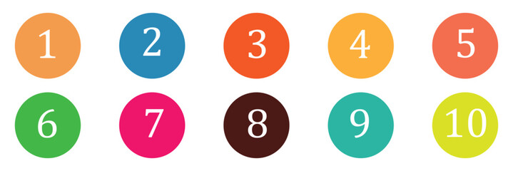 Set of 1 to 10 numbers simple design isolated. typography set of rounds 1 to 10 numbers. bullet point number icons collection. numeral typographic line and flat icons set. vector illustration EPS 20 .