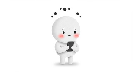 Fototapeta premium Whimsical round headed character engrossed in smartphone usage on white backdrop