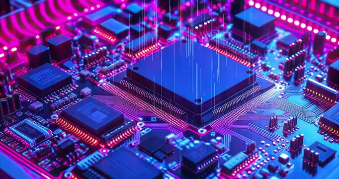 High tech computer circuit board with a variety of electronic components. Computer and technology related background animation.