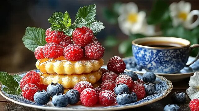 A delicious stack of waffles topped with fresh raspberries and blueberries, served with coffee